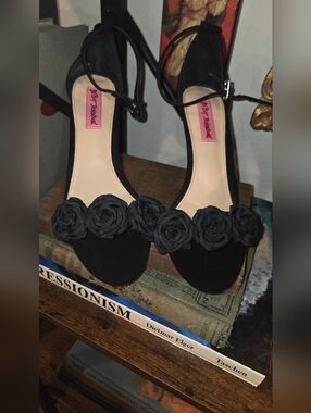 Betsey Johnson Black Floral-Trim Ankle Strap Heels